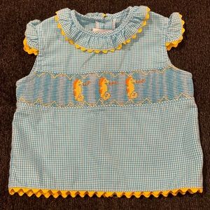 Blue checkers smocked seahorse shirt Peter Pan collar no brand girls size 18m*